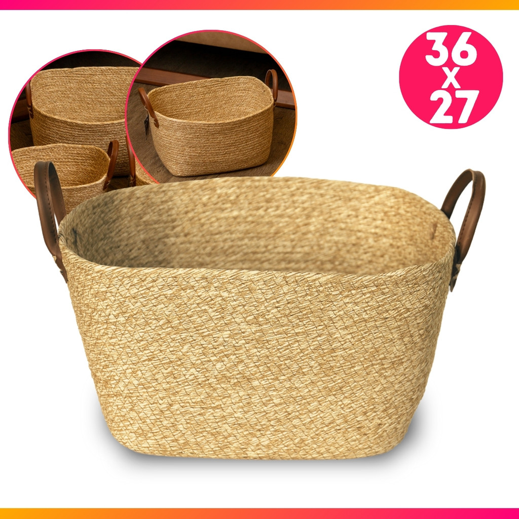 Cesto Organizador Decorativo Retangular 36x27x20cm De Fibra Natural Com Alça Mocca - Paramount
