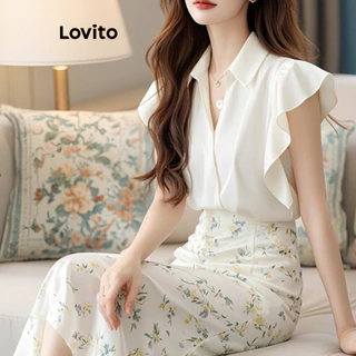 Lovito Blusa elegante com babados lisos para mulheres LNE74471