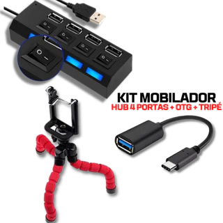 Kit Completo Para Celular Hub Usb 4 Portas  Interruptor Led + Adaptador Tipo C ou Micro Usb V8 + Suporte Tripé Flexível em Oferta na Shopee