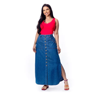 Saia Longa Jeans Com Fenda Lateral
