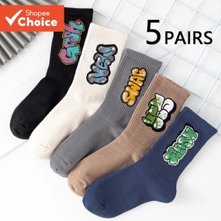 5 Pares De Meias Masculinas De Cano Médio – Letras Coloridas , Grafite Moderno , Elegante , Confortável , Respirável , V em Oferta na Shopee