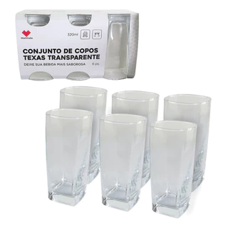 Conjunto Jogo 6 Copos 320ml Texas Vidro Transparente Quadrado Moderno p/ Casa Almoço Bebidas Água Suco Mesa Posta Restaurante