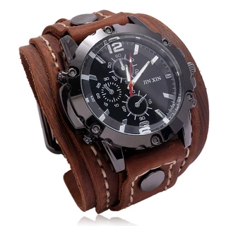 Relógio De Pulso De Couro Genuíno Quartzo Relógios Punk Style Men Watch Wide Bracelet