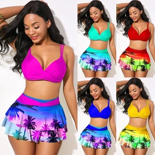 [Estoque Pronto] 2024 Novo Estilo Sexy Split High Waist Ruffled Biquíni Impresso Fato de banho feminino biquíni
