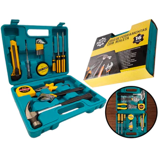 Kit De Ferramentas Com Maleta Jogo Com 16 Peças Multiuso Martelo Chave De Fenda Alicate Trena