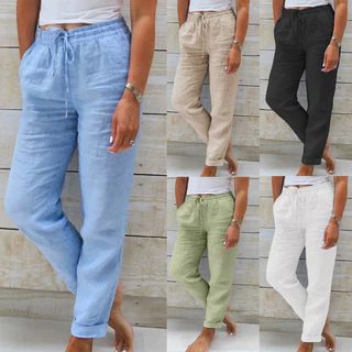 Calça casual Feminina De Cintura Alta Elástica De Algodão E Linho