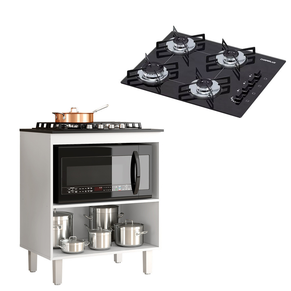 Kit Balcão Cooktop Zanzini Master Branco sem Porta e Fogão Cooktop 4 Bocas Ultrachama Chamalux