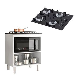 Kit Balcão Cooktop Zanzini Master Branco sem Porta e Fogão Cooktop 4 Bocas Ultrachama Chamalux
