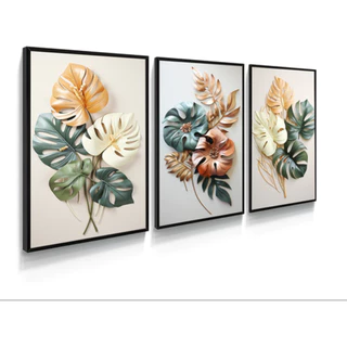 Kit 3 Quadros Pintura Folhas Colorida Quarto Escritório Hall