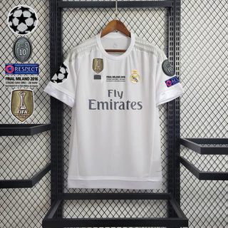 Retro 2015-16 Real Madrid Estações Camisa Branca Camiseta Campeão Casa de Manga Curta