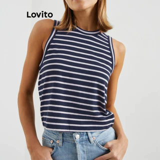 Lovito Regata casual listrada com gola contrastante para mulheres LBL16536