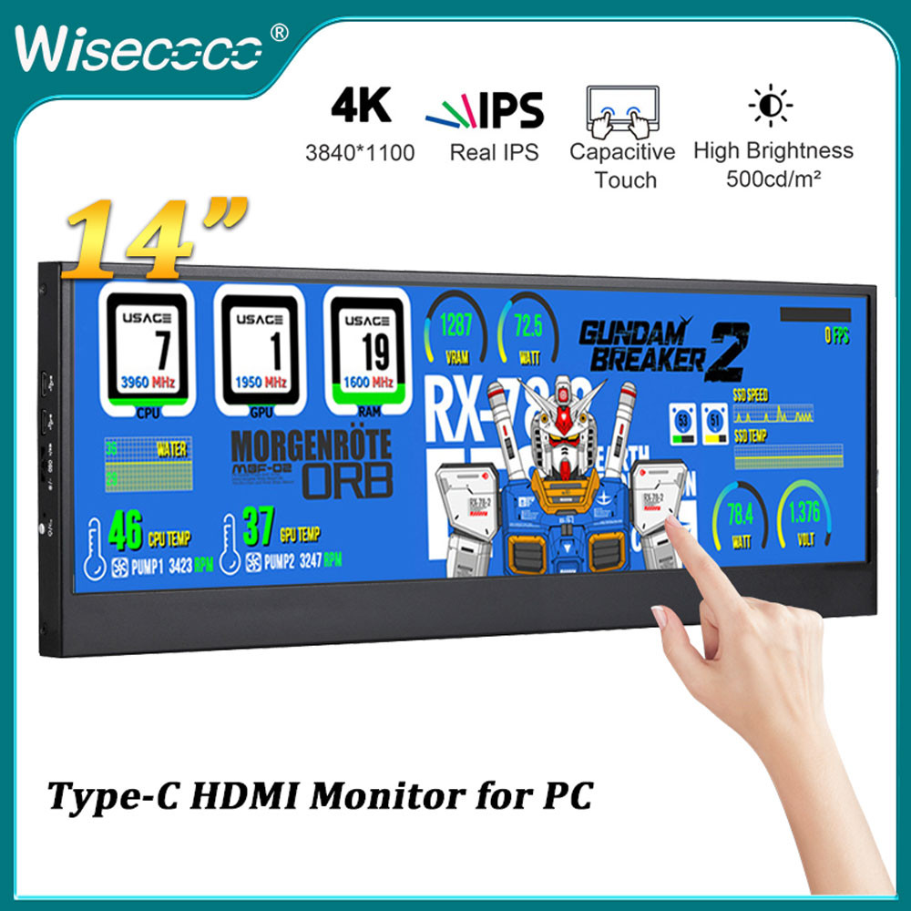 Wisecoco 14 Polegada 3840x1100 4K Barra Esticada Monitor Ancilar ...