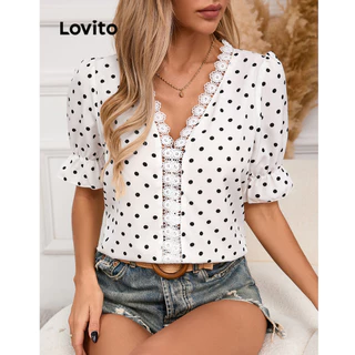 Lovito Blusa elegante de renda com babados e babados com bolinhas para mulheres LBL17073