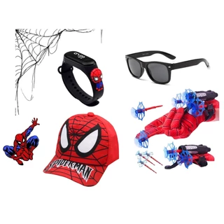 Kit Infantil Boné Óculos Relógio Brinquedo Luva Lança Teia Super Heróis Dia das Crianças Homem Aranha Menino Menina