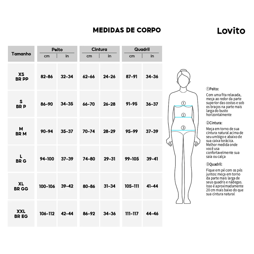 Tabela de medidas corporais com guia de tamanhos