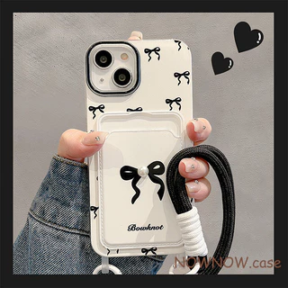 Para iPhone 15 14 13 12 11 Pro Max X Xr XS 7 8 Plus Bolsa De Cartão De Pérola Tridimensional Feita À Mão Com Laço Preto 