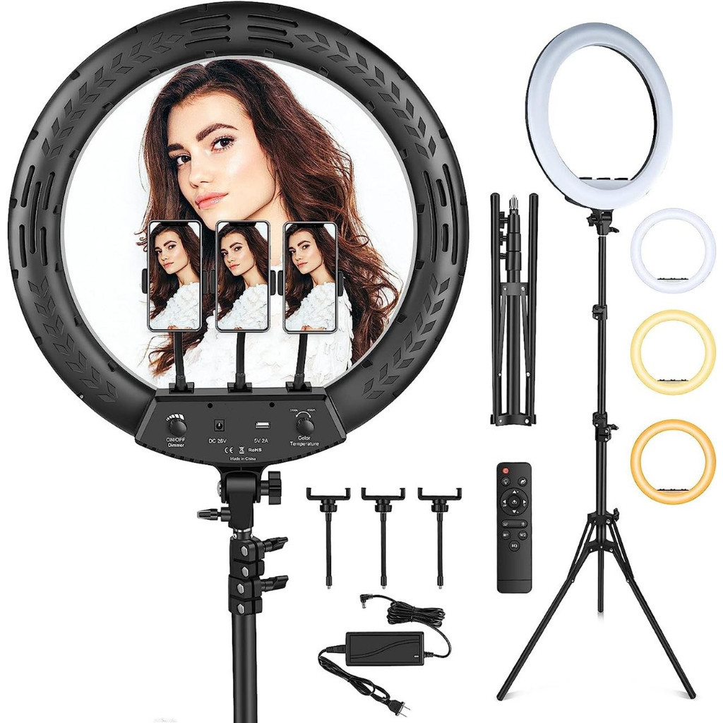 Iluminador Ring Light 18 Polegadas 46 cm profissional + tripé 2,1m e 3 suportes de celular