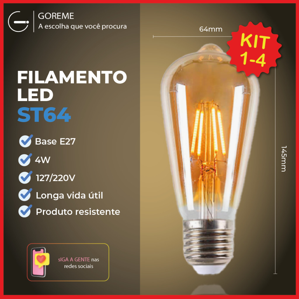 kit4 Lâmpada Filamento LED ST64 4W E27 LUZ QUENTE (AMARELO) Âmbar Retrô Vintage 110V~220V | Bivolt