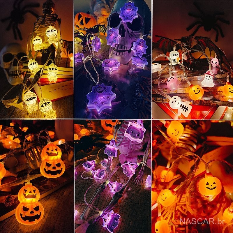 Artigos de decoração de Halloween, corda de luz de abóbora/morcego/caveira, luzes de decoração de atmosfera led, corda de luz de caixa de bateria