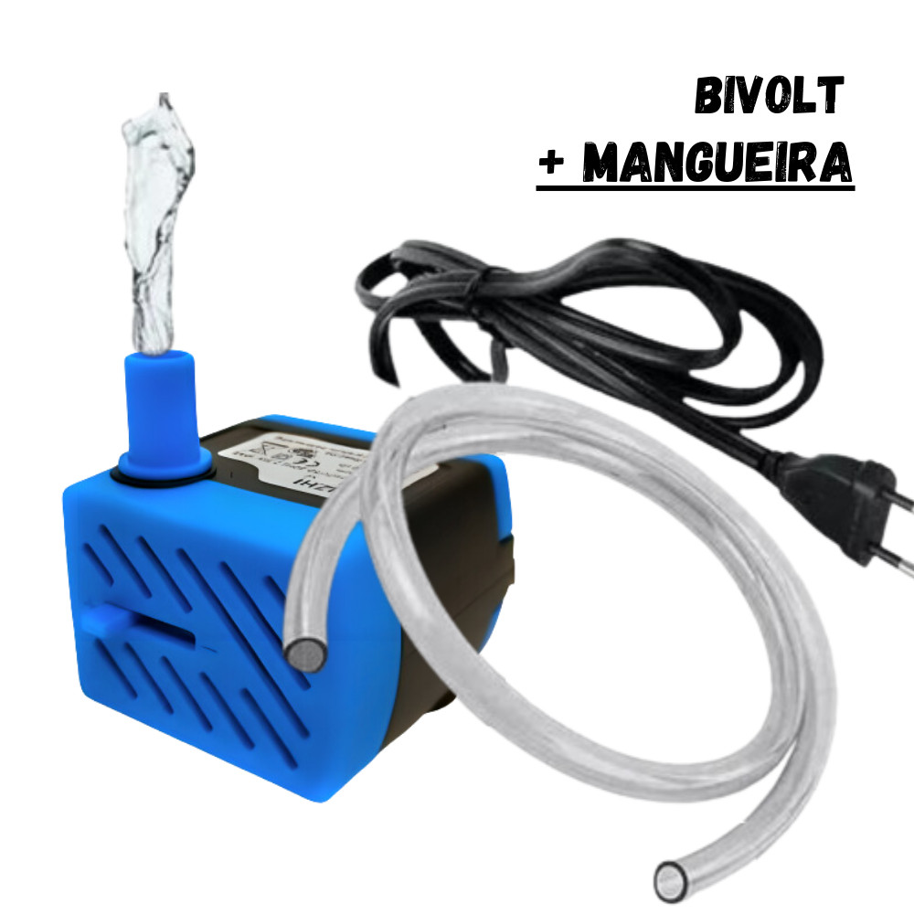 Kit Motor Bomba Bivolt Submersa Aquário Fontes Água e Bebedouros Gatos + Mangueira