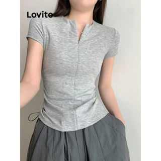 Lovito Camiseta casual com zíper liso para mulheres LNE56014