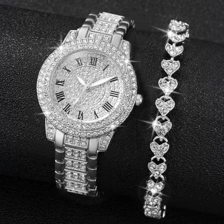 Relógio de Quartzo Gypsophila de Caráter Romano de Diamante Completo para Senhoras + Pulseira de Diamante