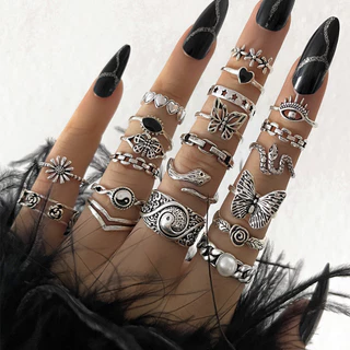 Conjunto de 21 peças Conjunto de Anel de Imitação de Pérola de Cobra Geométrica Retro Geométrica Butterfly Love Flower