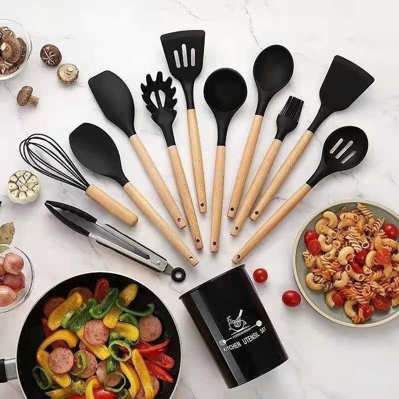 KIT/12Peças de Utensílios Para Cozinha em Silicone e Madeira