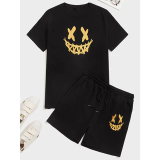 Conjunto Camiseta Gola Redonda 100% Algodão + Short Moletom Smile Marshmallow Rosto Moda Streetwear