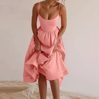 Novos Produtos de Verão Femininos Cor Sólida Sexy Pescoço em U Vestido de Baloiço Grande de Cintura Estreita