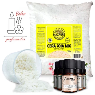 Kit Cera de Soja Parafina Natural Lentilhada 1kg + 2 Essencias aromaterapeuta 30ml