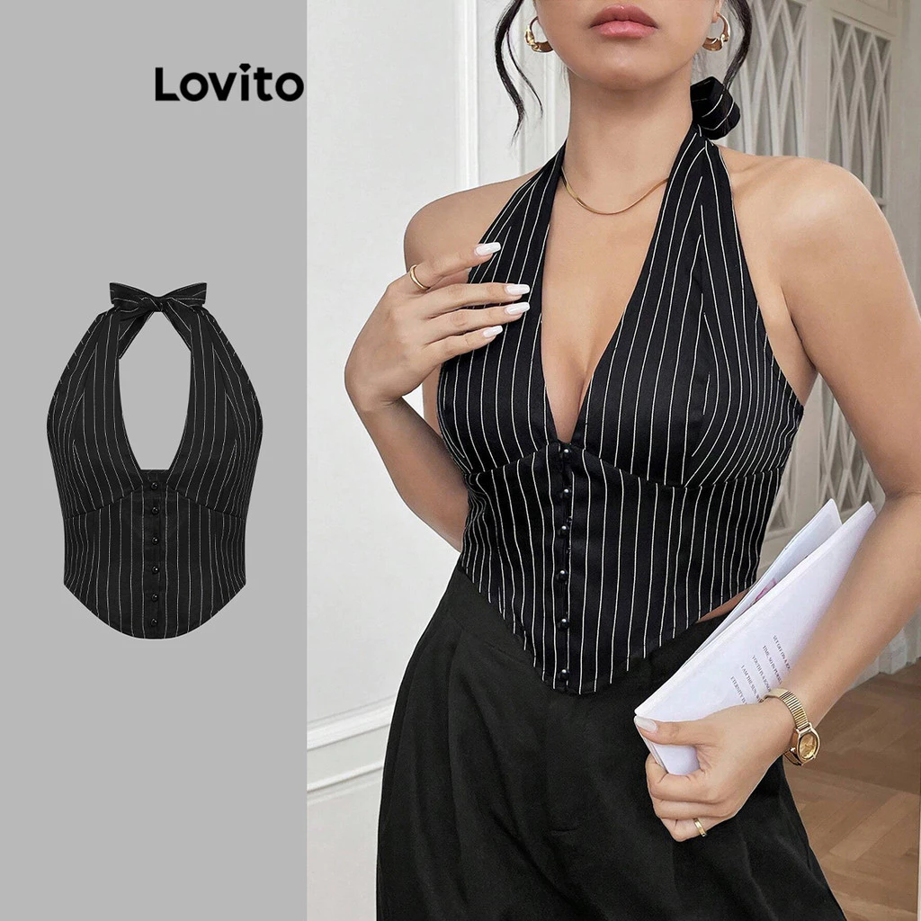 Lovito Elegante Top Listrado Amarrado nas Costas para Mulheres L99ED907