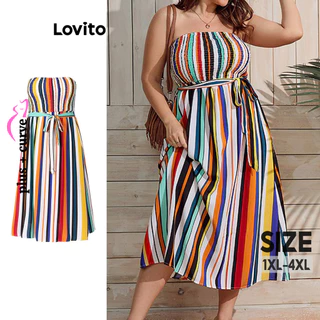 Lovito Vestido plus size curvo elegante com listras arco-íris com renda para mulheres LNL75069