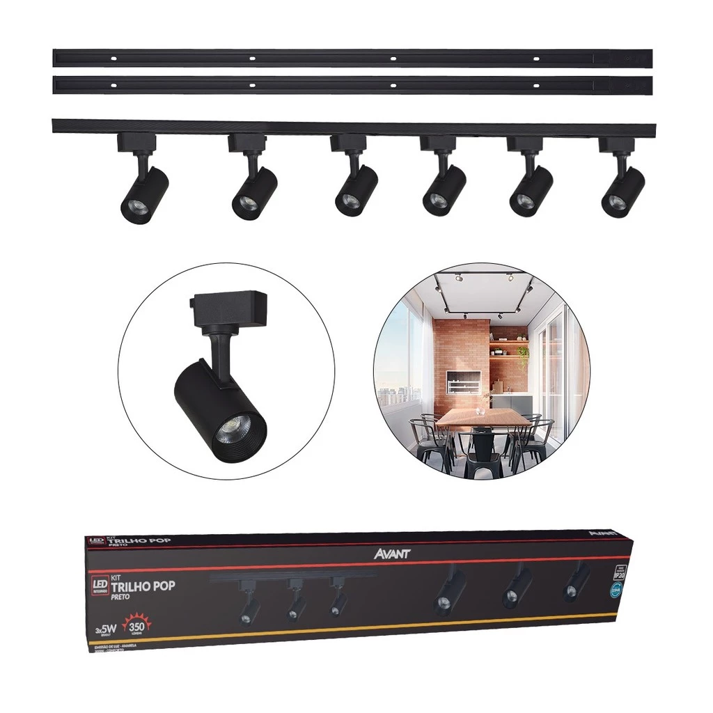 Kit trilho Eletrificado 6 Spot Led + 2 Metros de Trilho Pop 30w 3000k Branco Quente 110v/220v Preto Cod: 251931405-2