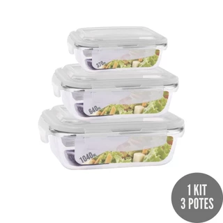 Kit 3 Potes Retangular 3 Tamanhos Vidro Hermético Marmita