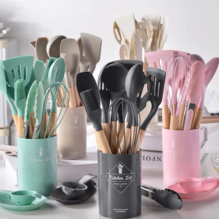 de Jogo Cozinha Kit com 5pcs ou/ 12 Peças de Silicone, Utensílios e Copo Suporte para Cozinha Cabo de Madeira