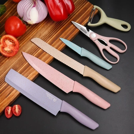 Kit facas de cozinha/churrasco profissional antiaderente 6 peças preto/colorido