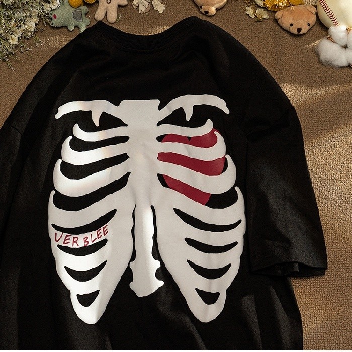 Camiseta Básica Algodão Unissex Skeleton Heart Human Fashion
