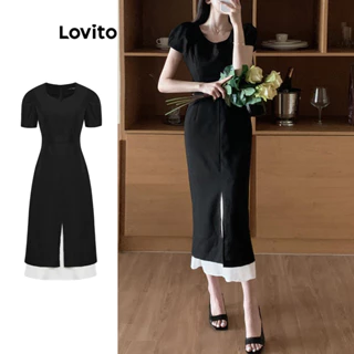 Lovito Vestido elegante patchwork colorblock com frente dividida para mulheres L100MD253