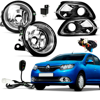 Kit Farol Auxiliar Milha Logan 2015 2016 2017 2018 Moldura Cromada S/Filete Botao Colante