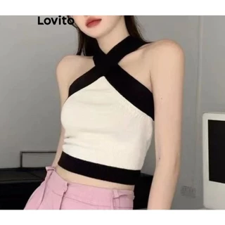 Lovito Top casual de malha colorblock liso para mulheres LNE73631