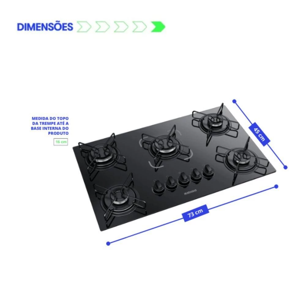 Diagrama do Cooktop Itatiaia Essencial 5 bocas indicando as medidas de 73cm de largura e 45cm de profundidade