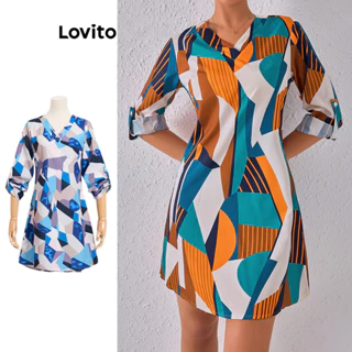 Lovito Vestido elegante com frente dividida geométrica para mulheres LBL14352(Multicolorido)