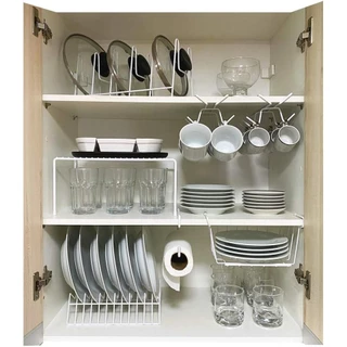Kit Organizador Armário Tampa Cozinha Xícara Prato Cesto Aço 7 Un Branco