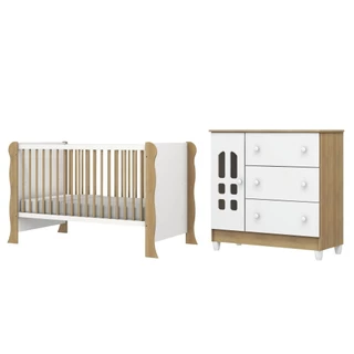 Dormitório Infantil Berço Americano Mini Cama 2 em 1 Luna e Cômoda Helena Para Quarto Bebê Branco / Madeirado