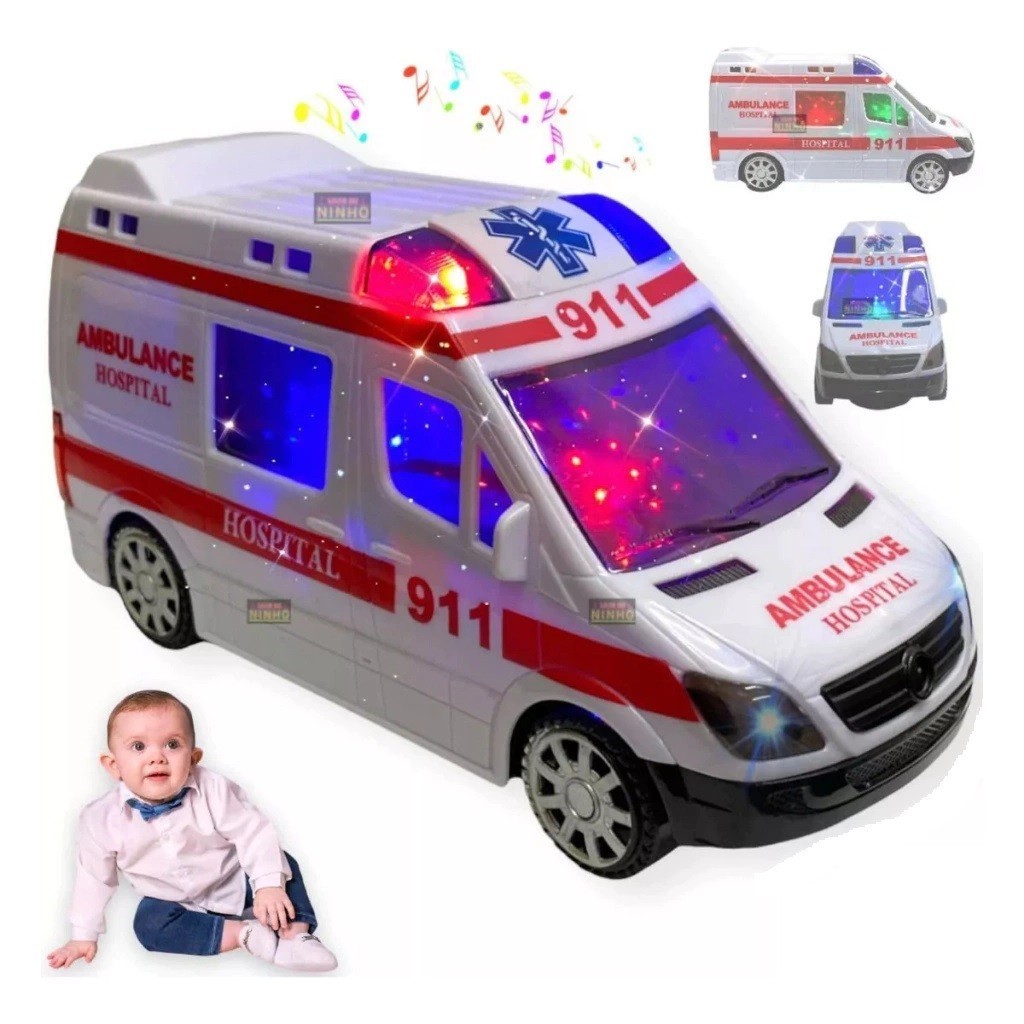 Carrinho de Ambulância Grande Com Sensor Bate e Volta e Som e Luz