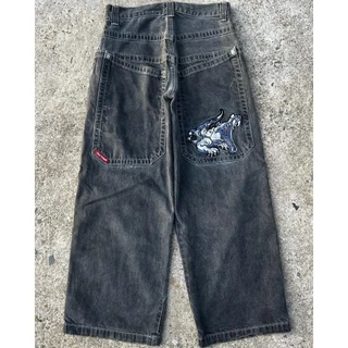 Streetwear JNCO Jeans Y2k Hip Hop Cartoon Impressão Gráfica Vintage Calças Pretas Baggy Homens Mulheres Cintura Alta Perna Larga