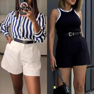 Lovito Short casual com estrutura de bolso liso para mulheres LNL77057