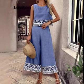 Lovito Conjuntos casuais de fita de contraste com estampa tribal tribal para mulheres LNL75144