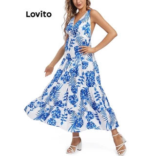 Lovito Vestido casual tropical com babados em cascata cruzado para mulheres LNL72428